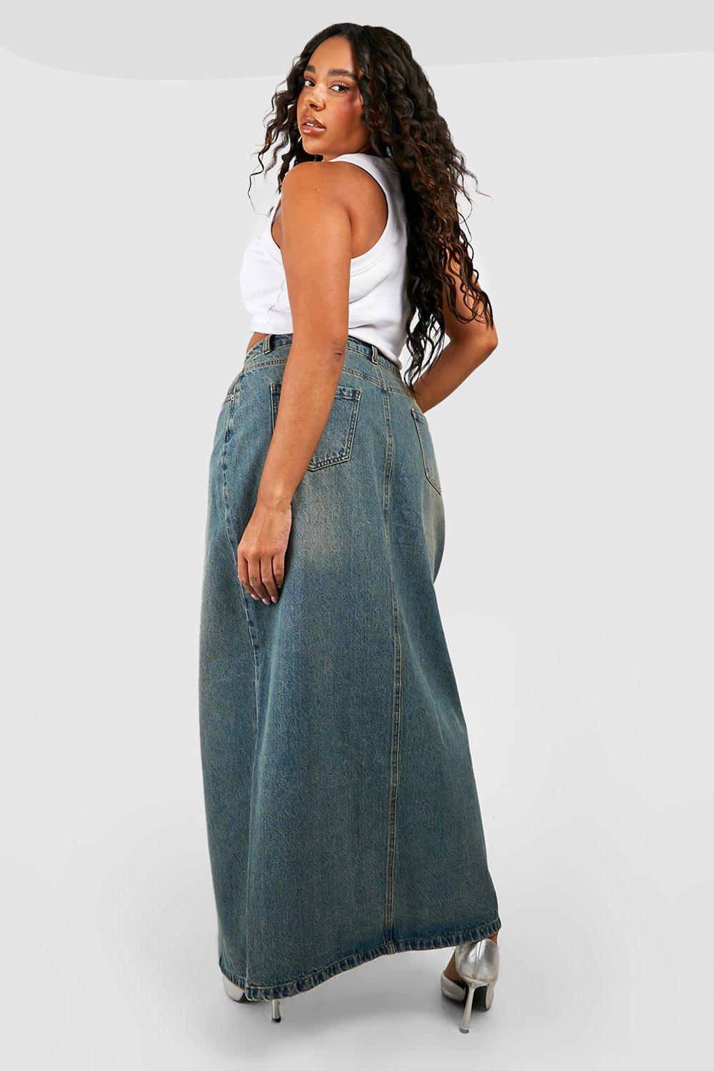 Plus Vintage Wash Split Front Denim Maxi Skirt